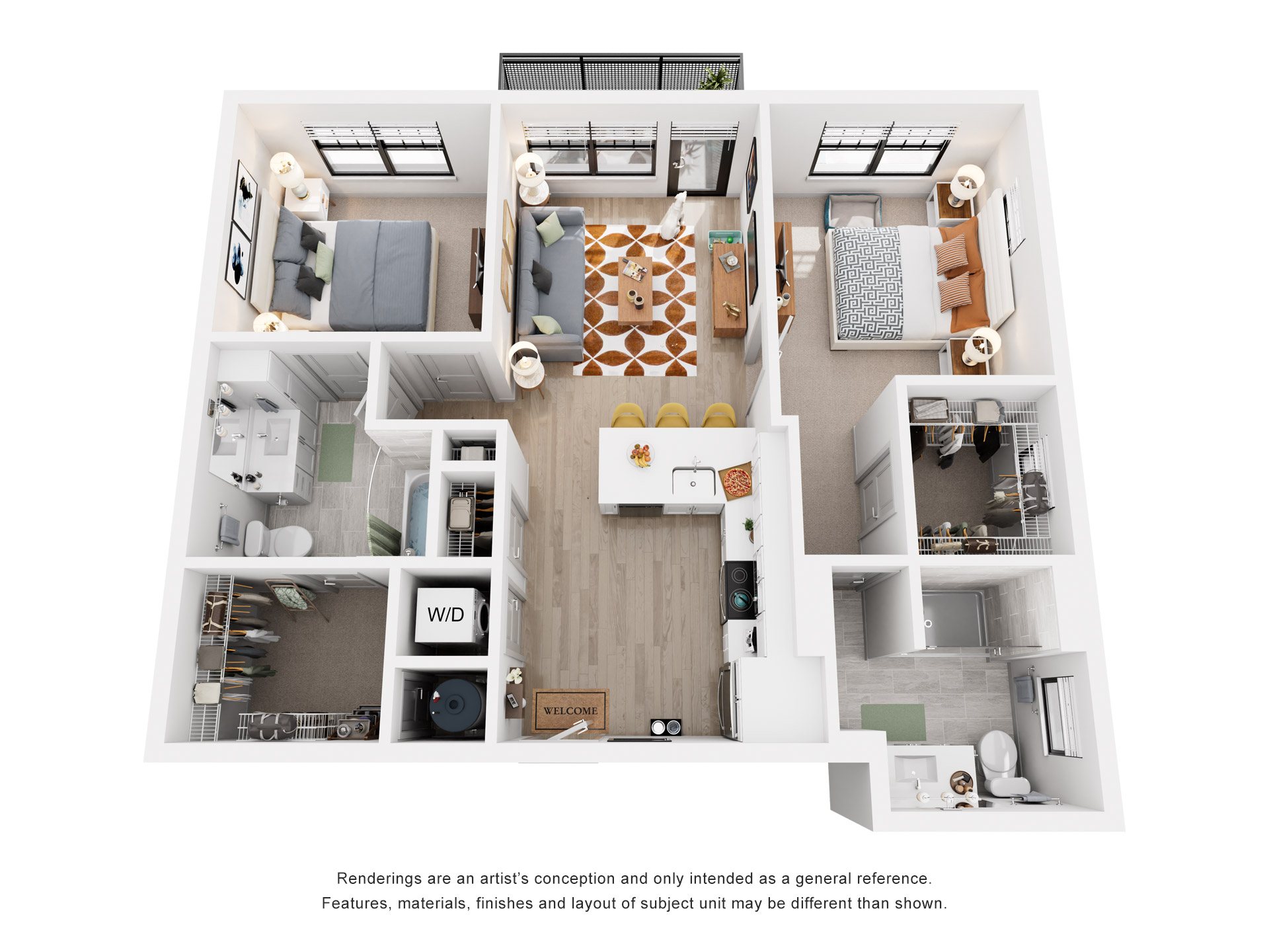Floor plan for 2 beds, 2 baths, 950 sqft